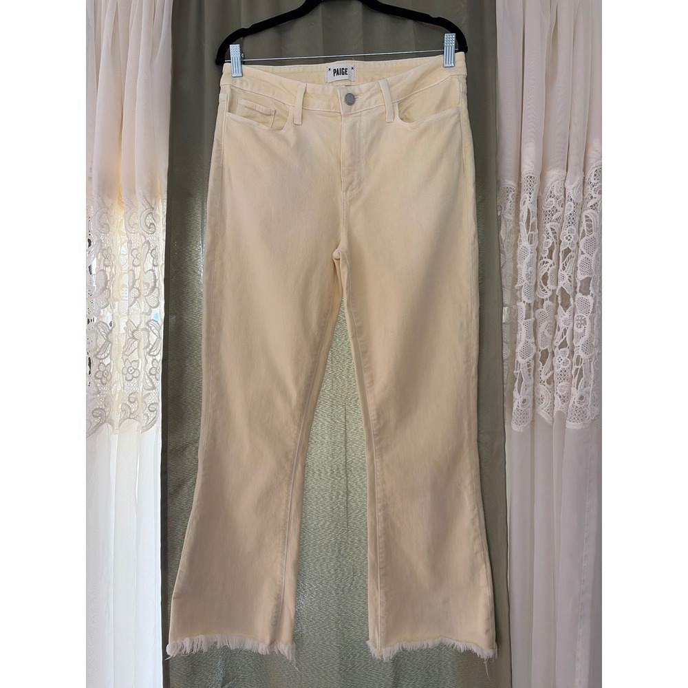 Paige Colette Crop Flare Jeans Women 31 Pale Yellow Raw Hem Stretch Coastal